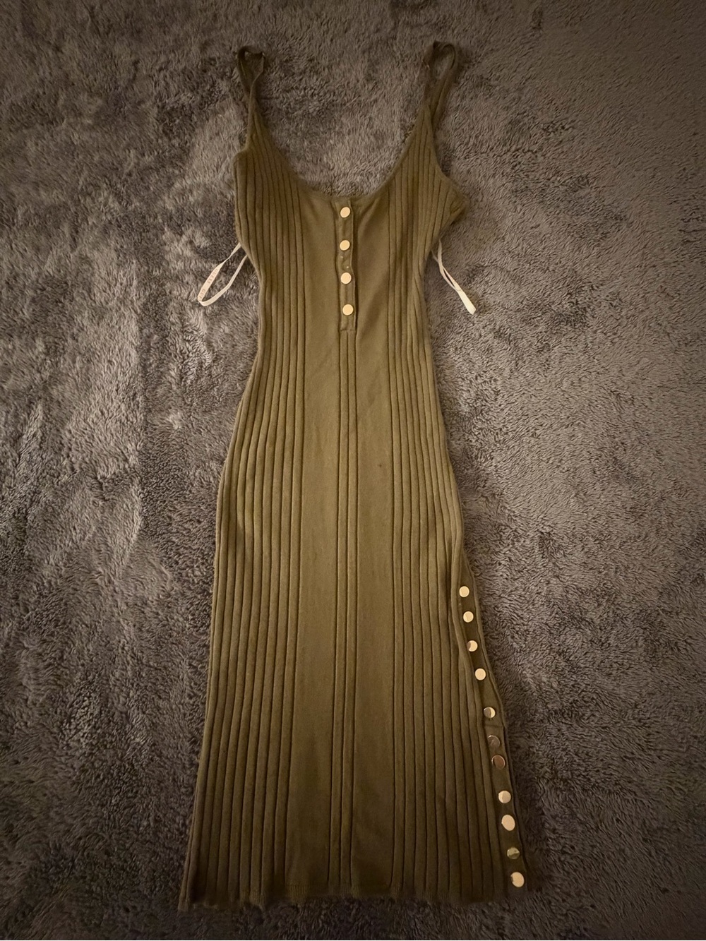Olive Ribbed Knit GUESS Midi Dress with Button Detail